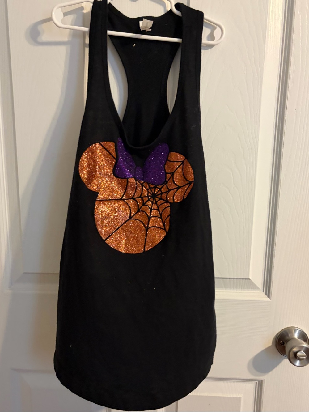 Black Halloween Glitter Minnie Tank with Orange Spiderweb